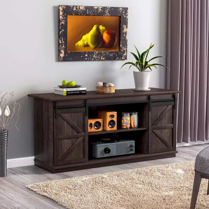 TV Stand, White / Espresso / Oak, Barn Door Style, Fits 43"–65" TVs, 2-Person Assembly