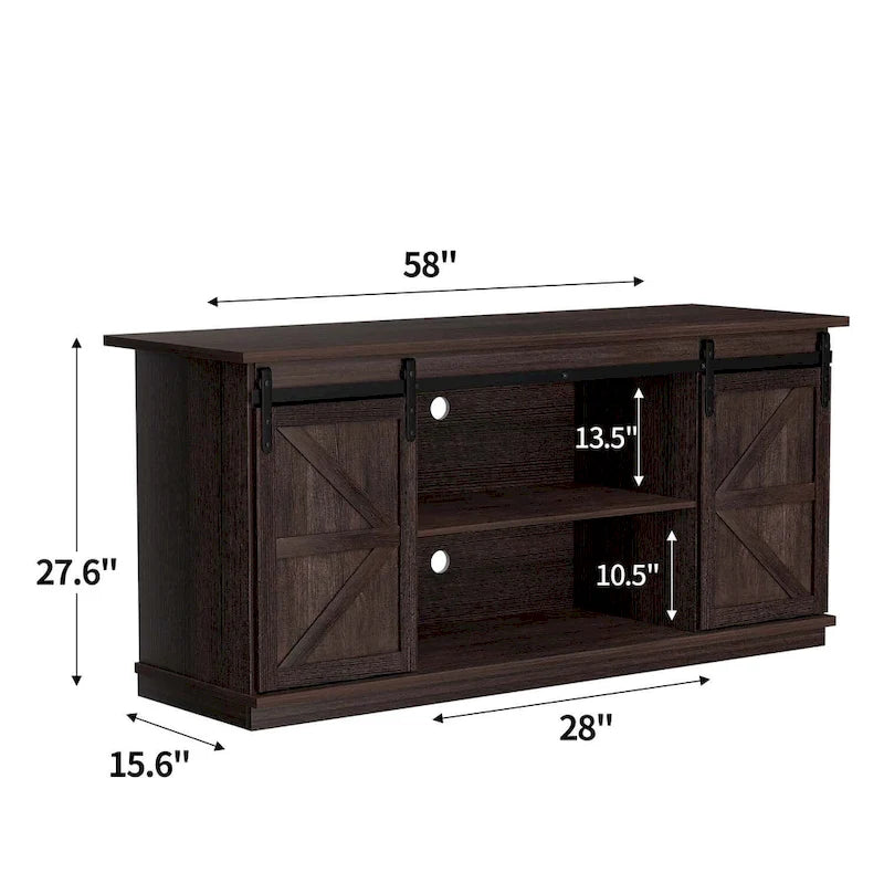 TV Stand, White / Espresso / Oak, Barn Door Style, Fits 43"–65" TVs, 2-Person Assembly