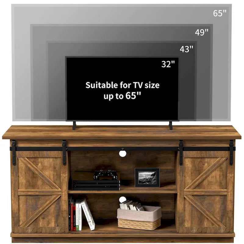 TV Stand, White / Espresso / Oak, Barn Door Style, Fits 43"–65" TVs, 2-Person Assembly