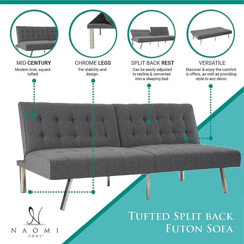 Multi-Color Tufted Split-Back Futon Sofa Bed, Chrome Legs, Seats 1–2