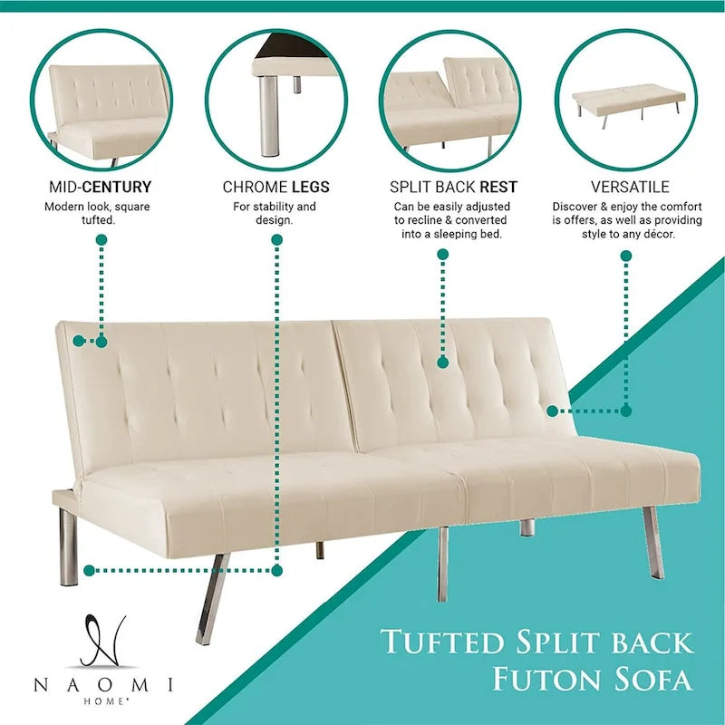 Multi-Color Tufted Split-Back Futon Sofa Bed, Chrome Legs, Seats 1–2