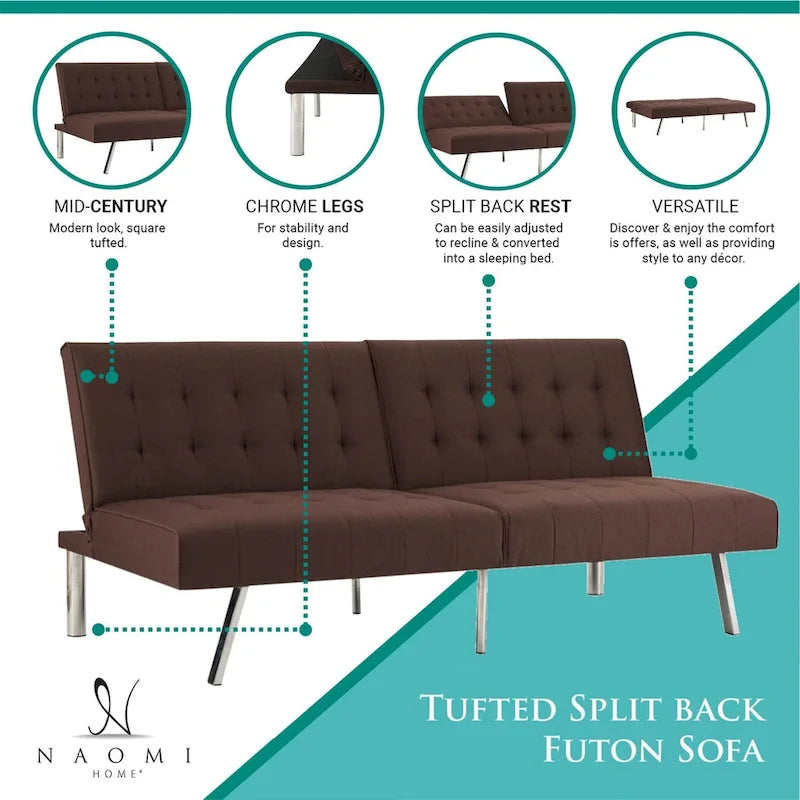 Multi-Color Tufted Split-Back Futon Sofa Bed, Chrome Legs, Seats 1–2