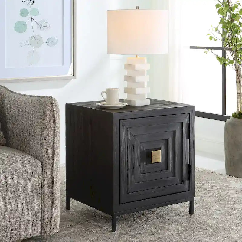Black Geometric End Table / Accent Cabinet – 22"W × 26"H × 20"D