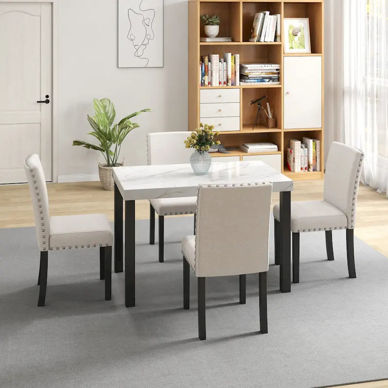 White Faux Marble 5-Piece Dining Set – Table + 4 Chairs
