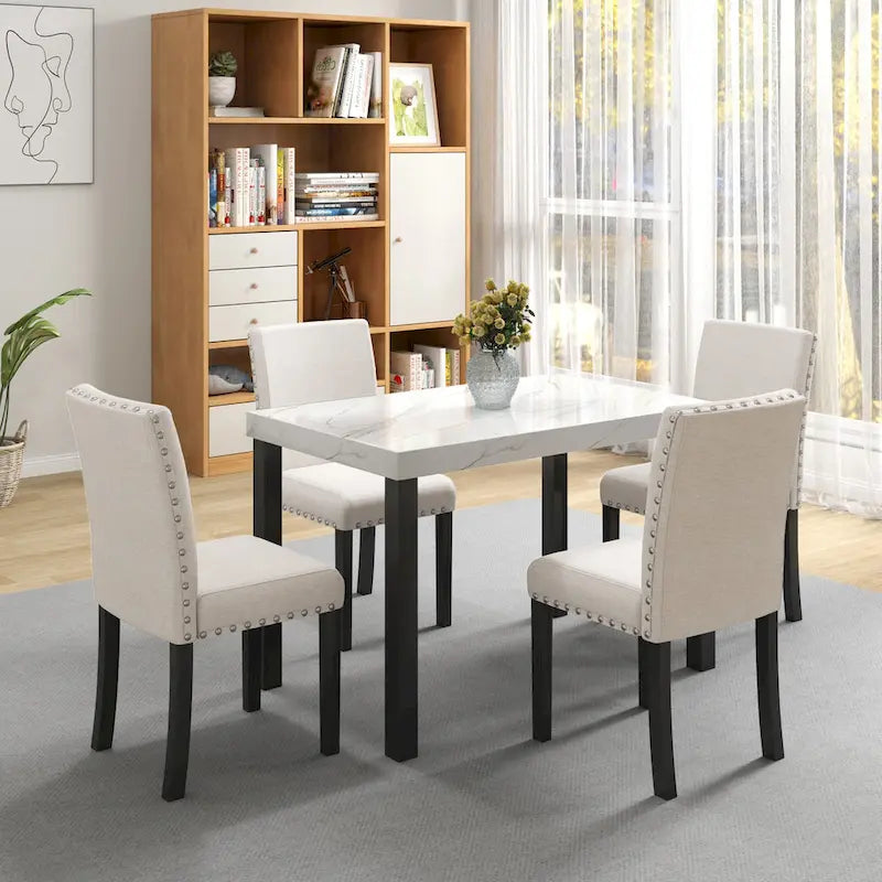 White Faux Marble 5-Piece Dining Set – Table + 4 Chairs