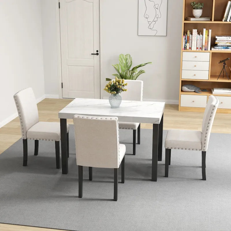 White Faux Marble 5-Piece Dining Set – Table + 4 Chairs