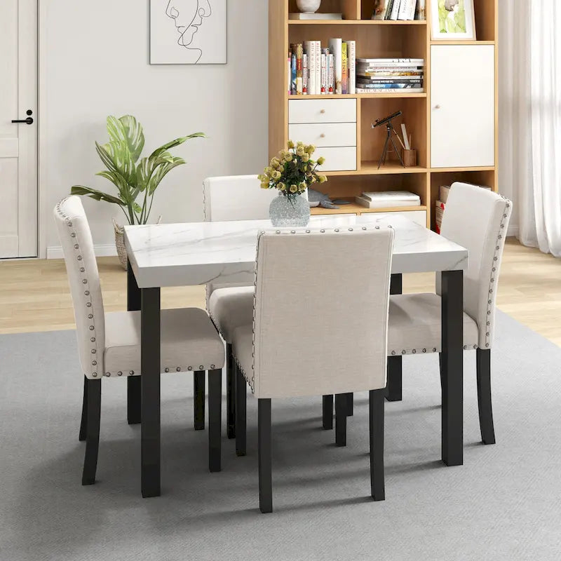 White Faux Marble 5-Piece Dining Set – Table + 4 Chairs