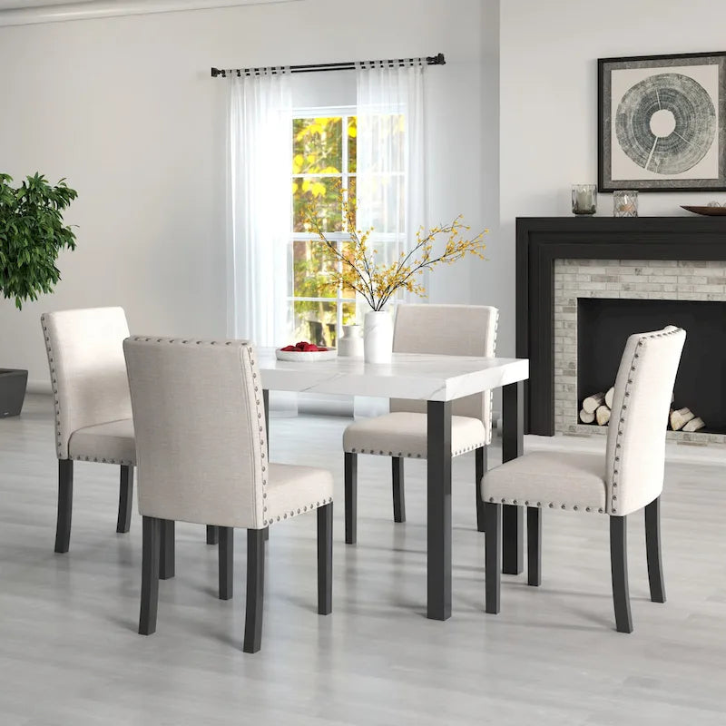 White Faux Marble 5-Piece Dining Set – Table + 4 Chairs