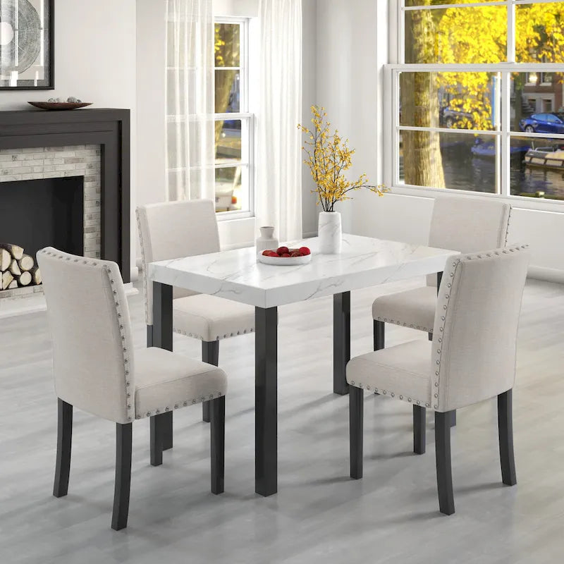 White Faux Marble 5-Piece Dining Set – Table + 4 Chairs