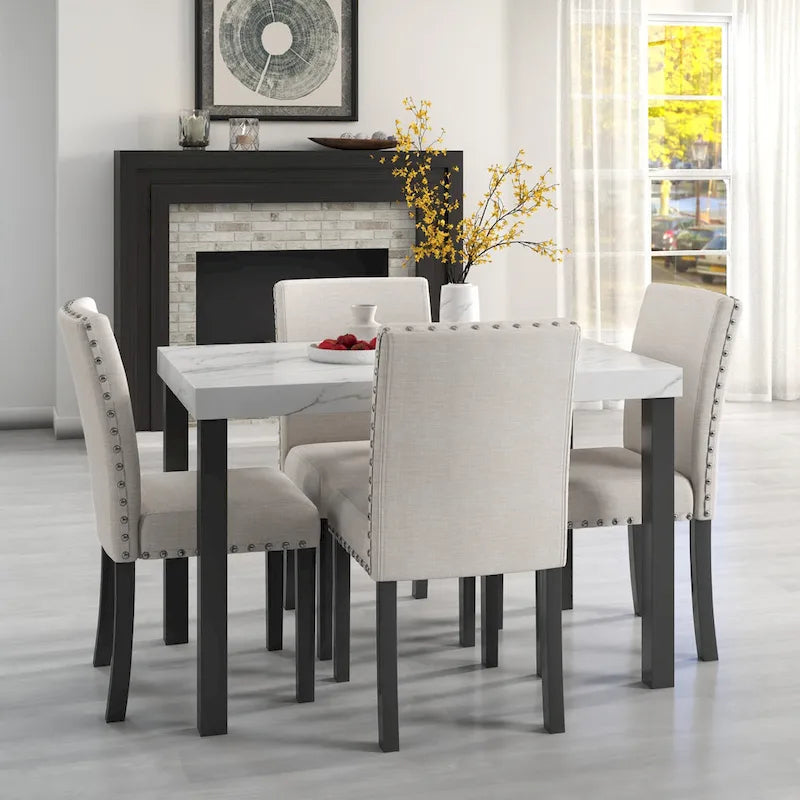White Faux Marble 5-Piece Dining Set – Table + 4 Chairs