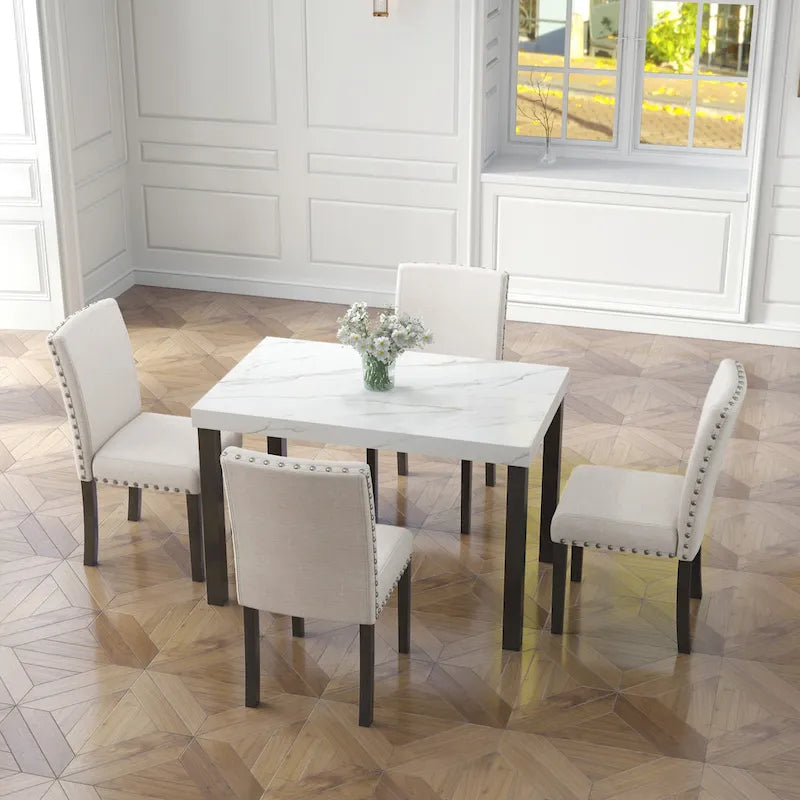 White Faux Marble 5-Piece Dining Set – Table + 4 Chairs