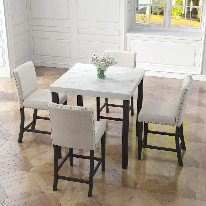 White Faux Marble 5-Piece Dining Set – Table + 4 Chairs