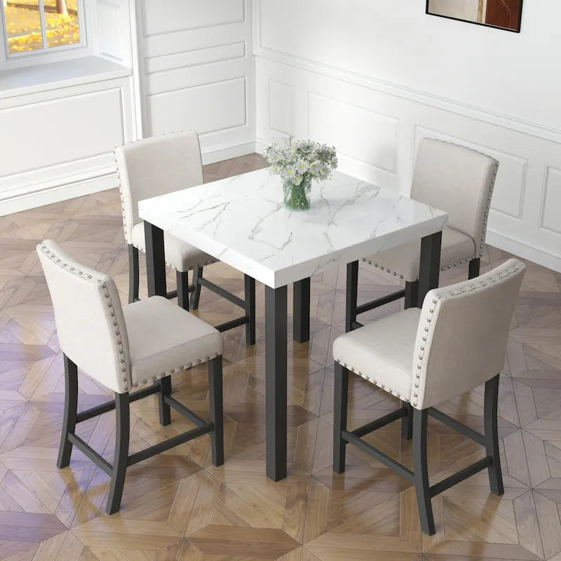 White Faux Marble 5-Piece Dining Set – Table + 4 Chairs