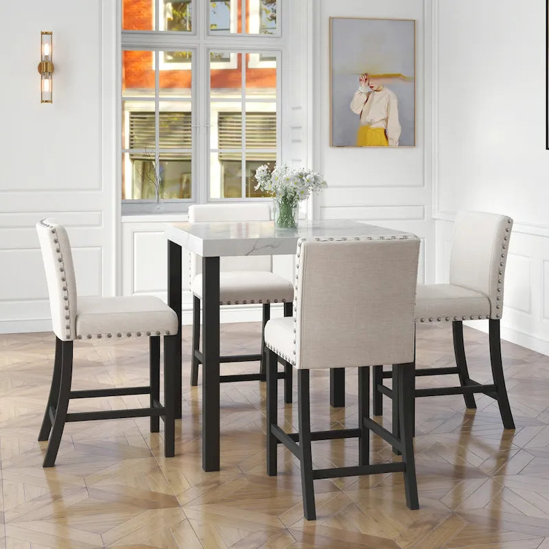 White Faux Marble 5-Piece Dining Set – Table + 4 Chairs