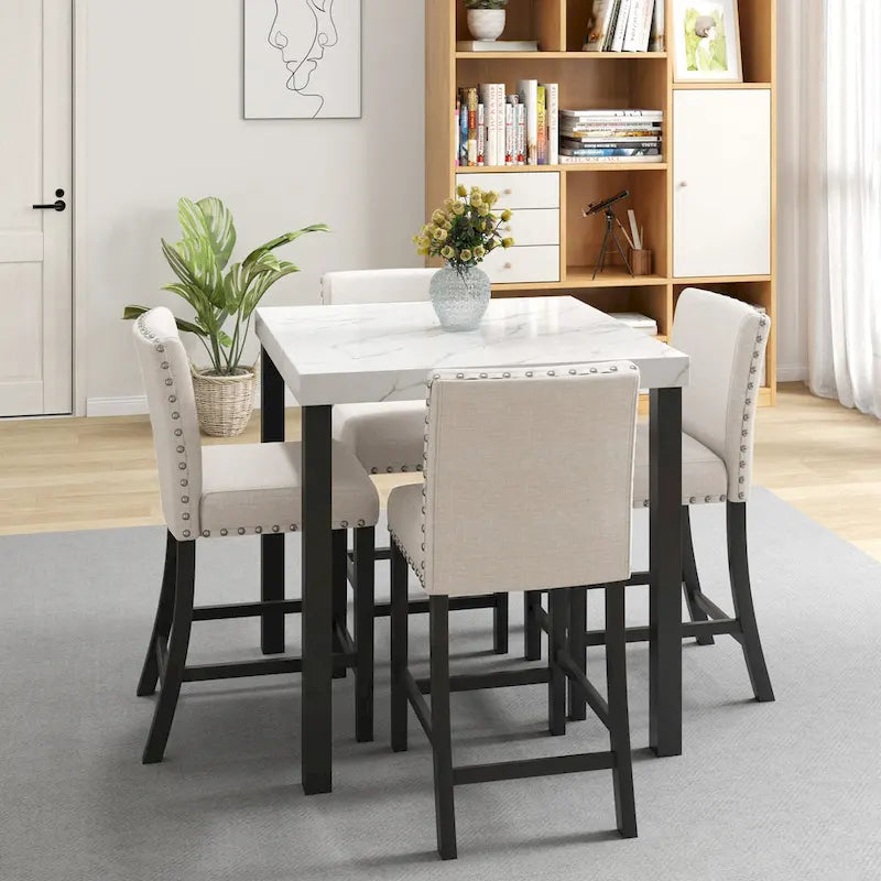 White Faux Marble 5-Piece Dining Set – Table + 4 Chairs