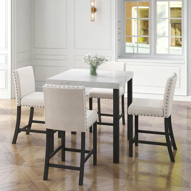 White Faux Marble 5-Piece Dining Set – Table + 4 Chairs