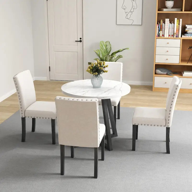 White Faux Marble 5-Piece Dining Set – Table + 4 Chairs