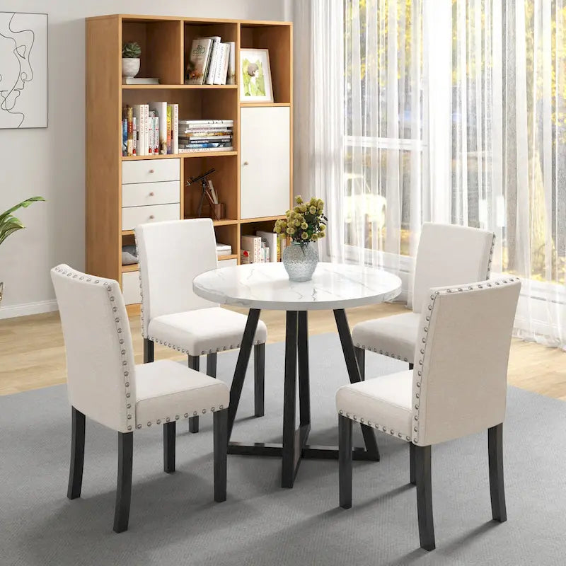 White Faux Marble 5-Piece Dining Set – Table + 4 Chairs