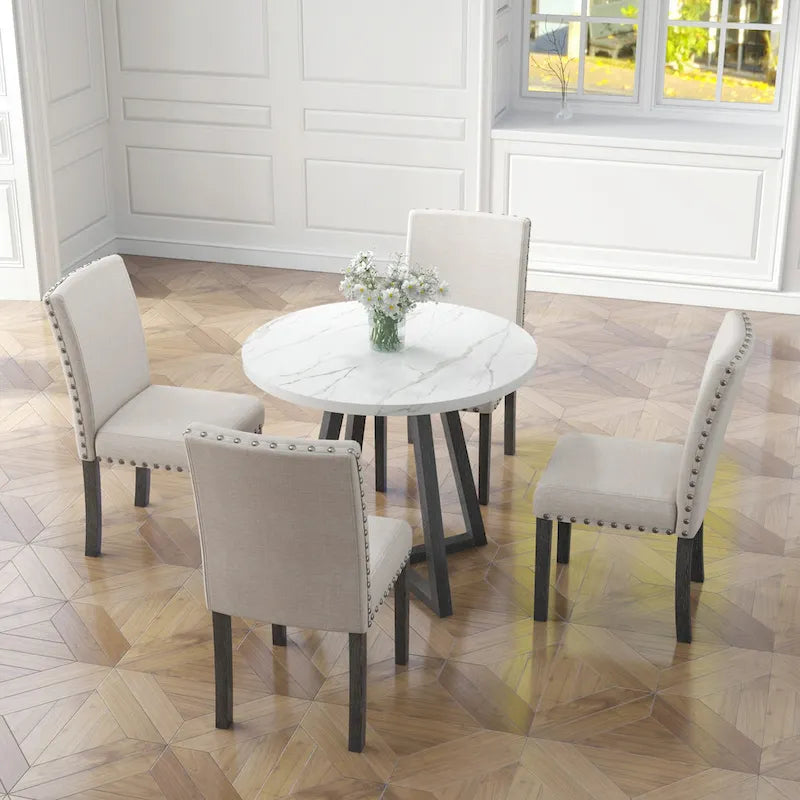 White Faux Marble 5-Piece Dining Set – Table + 4 Chairs