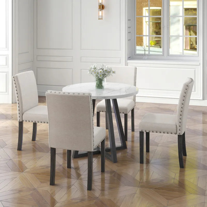 White Faux Marble 5-Piece Dining Set – Table + 4 Chairs