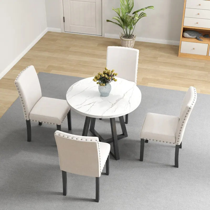 White Faux Marble 5-Piece Dining Set – Table + 4 Chairs