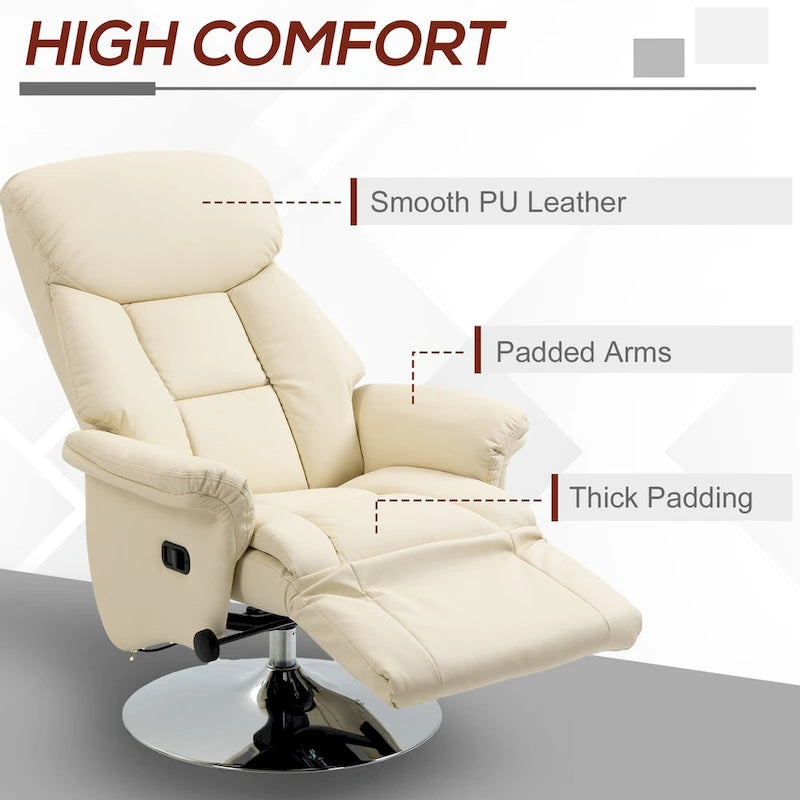 White Swivel Recliner Chair with Footrest, Single Seat, PU Leather