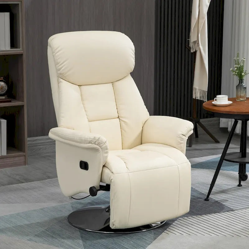 White Swivel Recliner Chair with Footrest, Single Seat, PU Leather