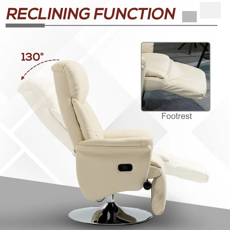 White Swivel Recliner Chair with Footrest, Single Seat, PU Leather