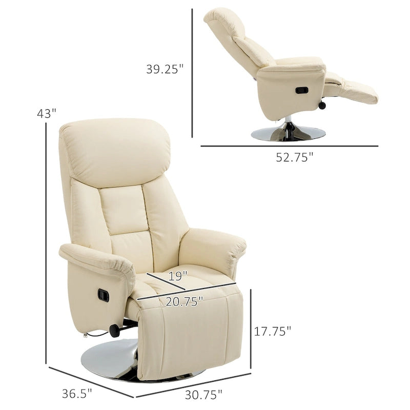 White Swivel Recliner Chair with Footrest, Single Seat, PU Leather