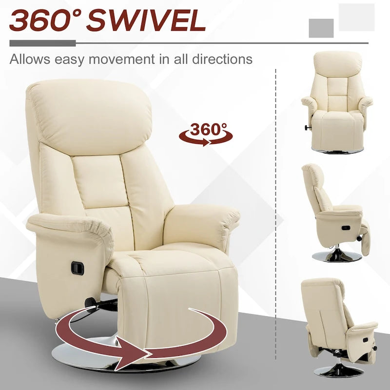 White Swivel Recliner Chair with Footrest, Single Seat, PU Leather