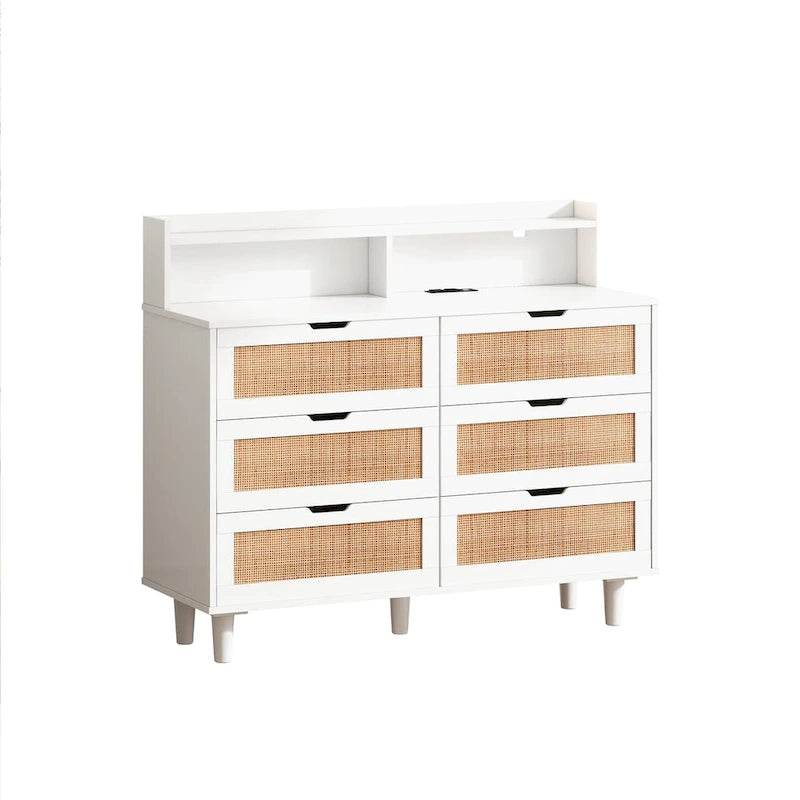 White Rattan 6-Drawer Storage Cabinet with LED & Power Outlet
