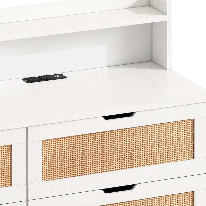White Rattan 6-Drawer Storage Cabinet with LED & Power Outlet