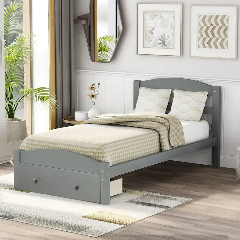 Twin Platform Bed Frame with Storage Drawer | Espresso, White, Walnut, Gray
