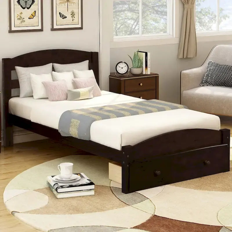 Twin Platform Bed Frame with Storage Drawer | Espresso, White, Walnut, Gray