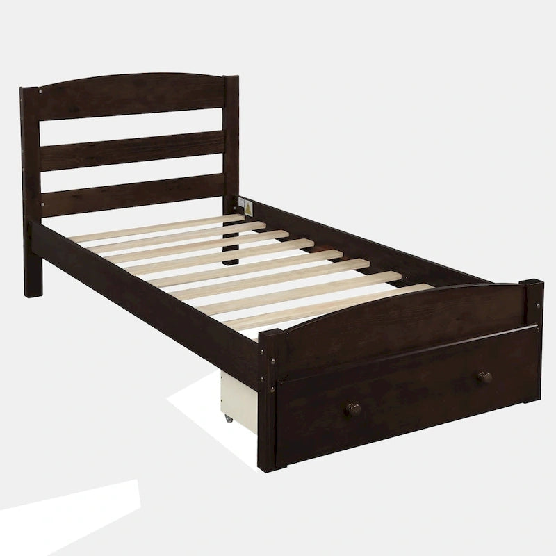 Twin Platform Bed Frame with Storage Drawer | Espresso, White, Walnut, Gray
