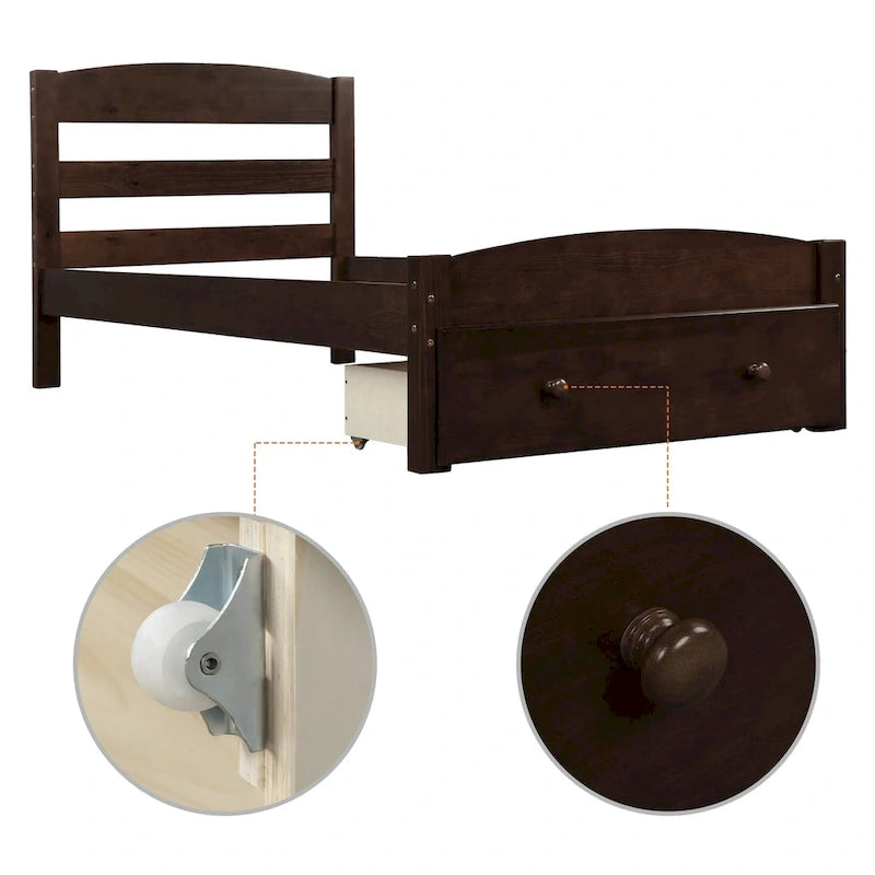 Twin Platform Bed Frame with Storage Drawer | Espresso, White, Walnut, Gray