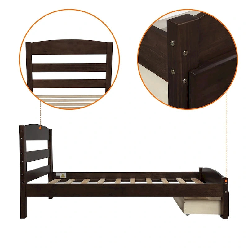 Twin Platform Bed Frame with Storage Drawer | Espresso, White, Walnut, Gray
