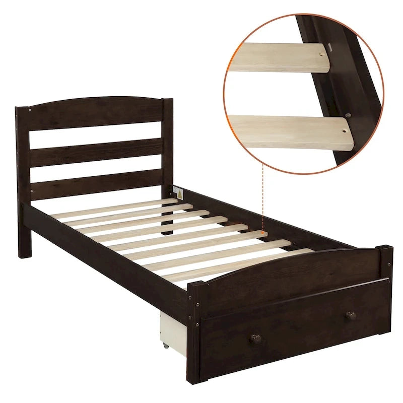 Twin Platform Bed Frame with Storage Drawer | Espresso, White, Walnut, Gray