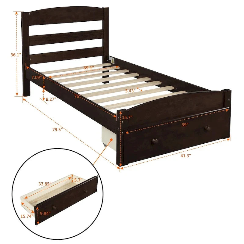 Twin Platform Bed Frame with Storage Drawer | Espresso, White, Walnut, Gray
