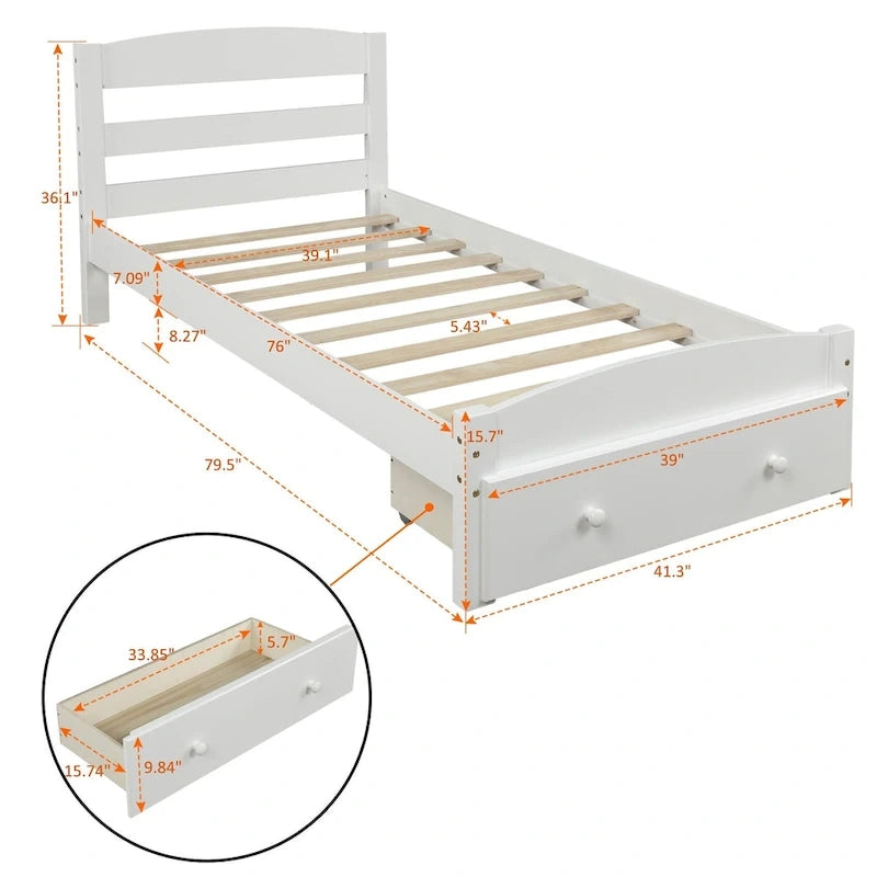 Twin Platform Bed Frame with Storage Drawer | Espresso, White, Walnut, Gray