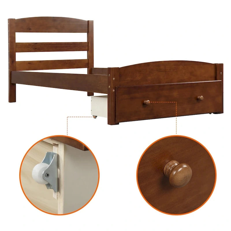 Twin Platform Bed Frame with Storage Drawer | Espresso, White, Walnut, Gray
