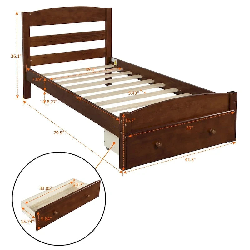Twin Platform Bed Frame with Storage Drawer | Espresso, White, Walnut, Gray
