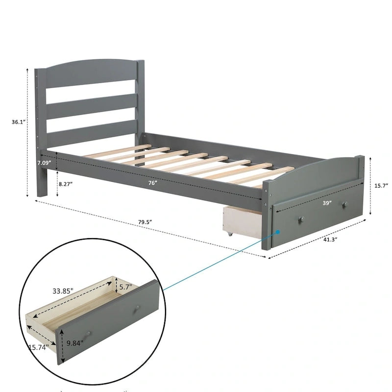 Twin Platform Bed Frame with Storage Drawer | Espresso, White, Walnut, Gray