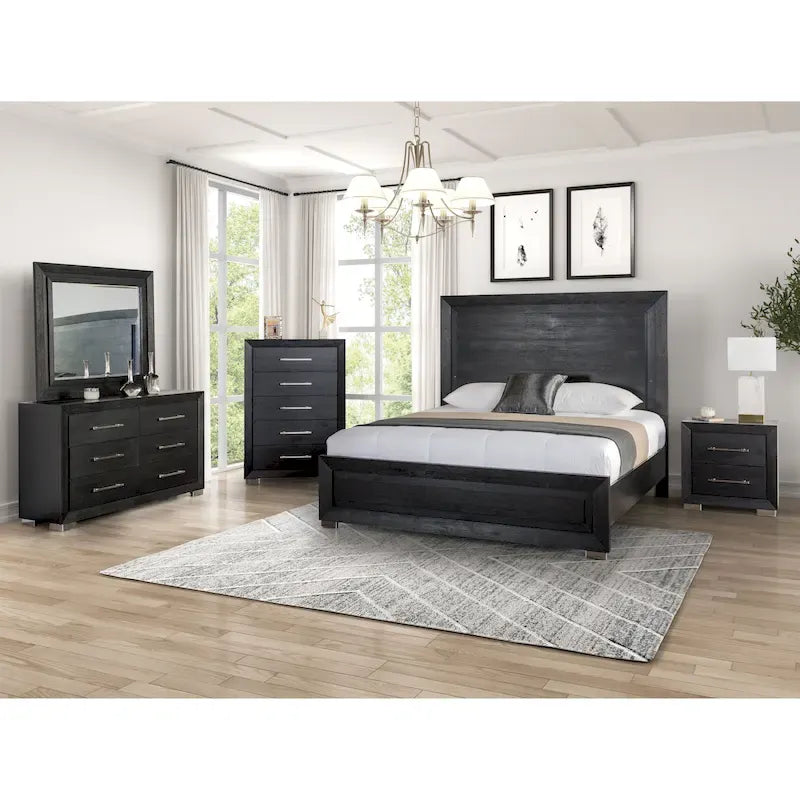 Black Modern King Bedroom Set, 6-Piece, LED Headboard, For 1–2