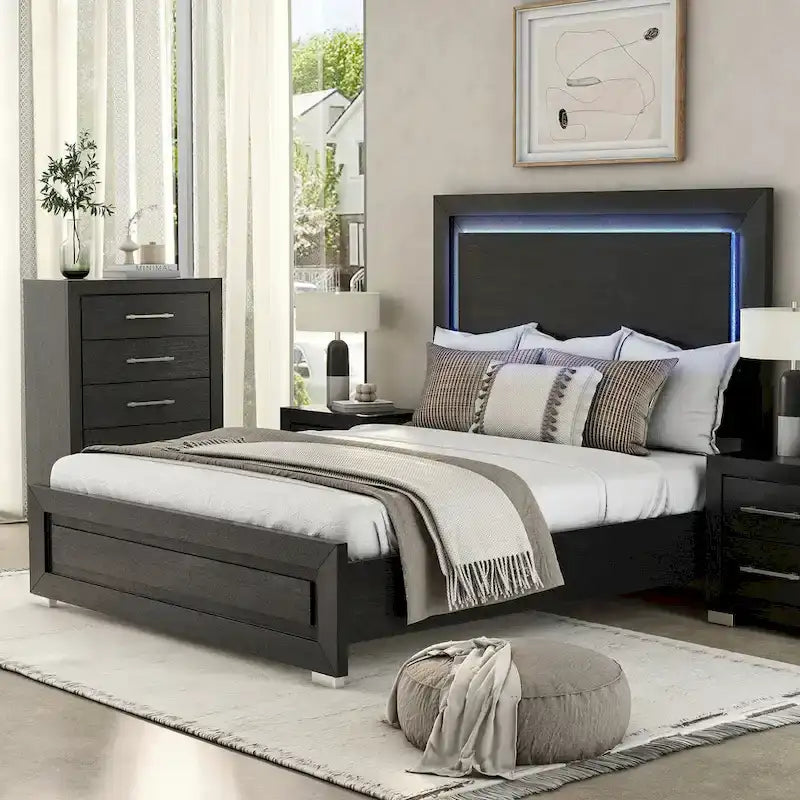 Black Modern King Bedroom Set, 6-Piece, LED Headboard, For 1–2