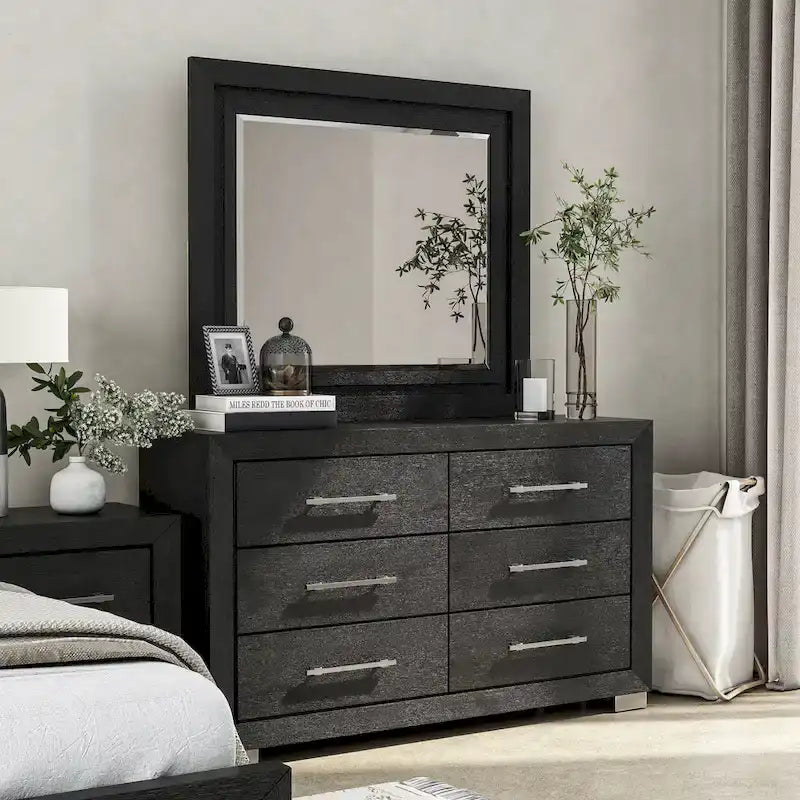 Black Modern King Bedroom Set, 6-Piece, LED Headboard, For 1–2