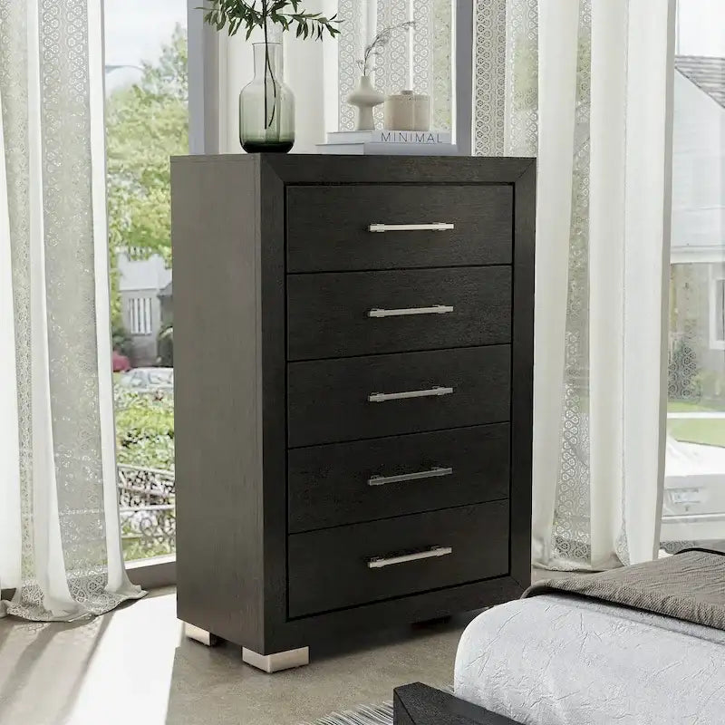 Black Modern King Bedroom Set, 6-Piece, LED Headboard, For 1–2