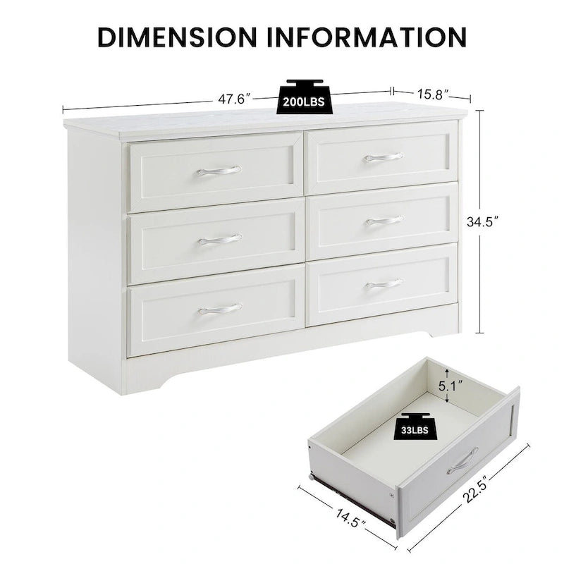 Black/White 6-Drawer Dresser, Modern Style, For 1