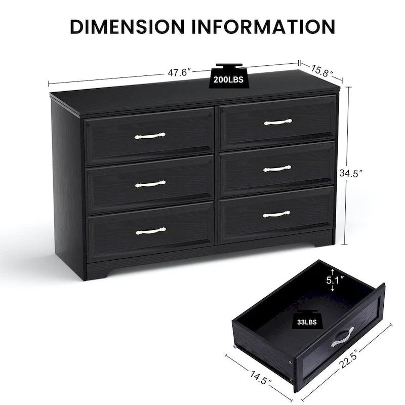 Black/White 6-Drawer Dresser, Modern Style, For 1