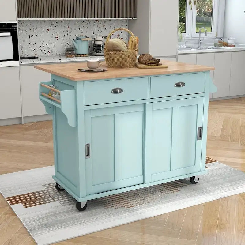 Black / White / Mint Green Drop-Leaf Kitchen Cart with Sliding Barn Door